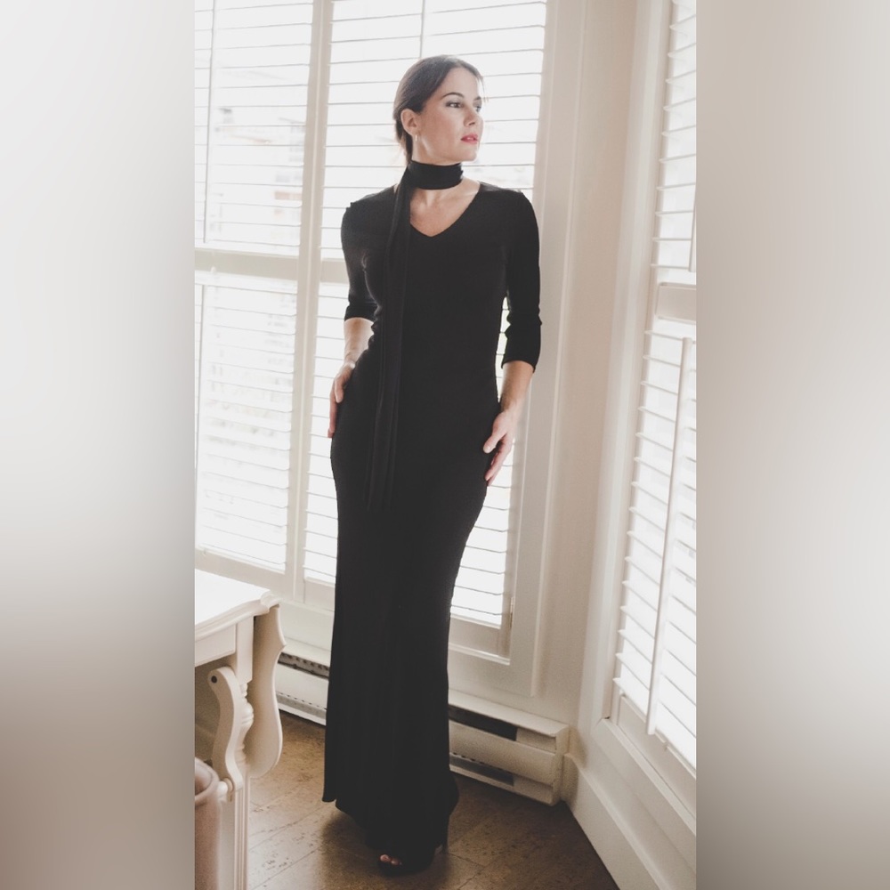 La Perla IO black maxi dress with wide fabric sash. V-Neckline body contouring